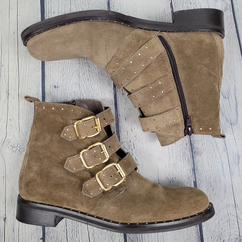 MINELLI | suede leather strappy buckle stud side zip ankle moto boots